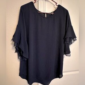 Ladies Navy Blue Blouse with Lace Detail - Size L